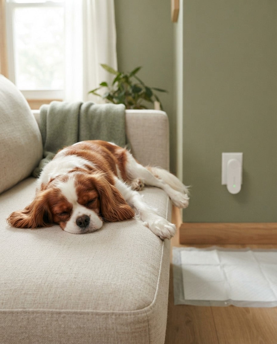 Cavalier King Charles Spaniel asleep on the sofa, pee pad and Odopaw plugged in the corner
