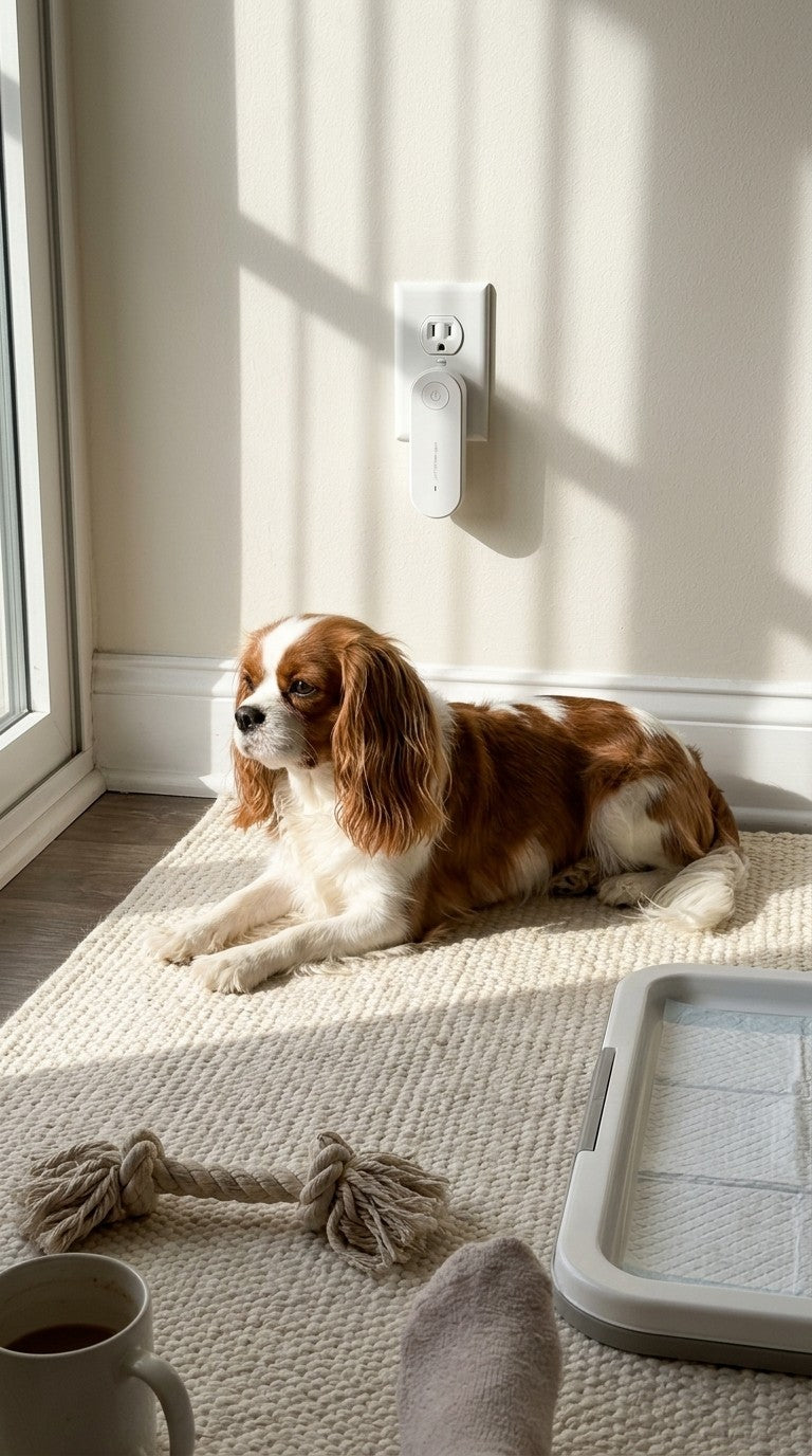 Plug-in device on the laundry room outlet above a pee pad