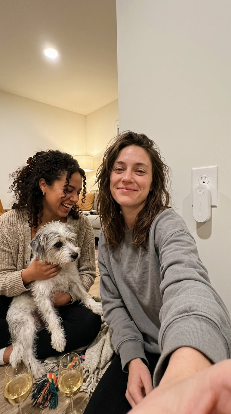 Two friends and a dog on the living room floor, device on the outlet behind
